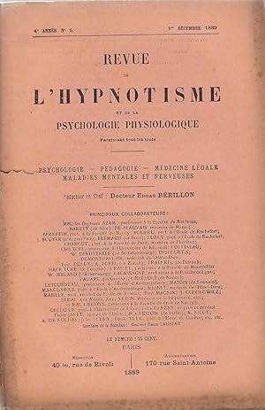 Revue de l'hypnotisme et de la psychologie physiologique. 4e Année, N°6, 1er décembre 1889