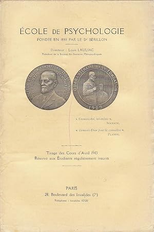 Ecole de Psychologie : Tirage des Cours d'avril 1943 réservé aux étudiants régulièrement inscrits