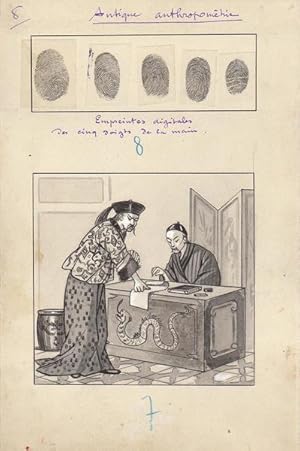 Antique anthropométrie: empreintes digitales des cinq doigts de la main, dessin original à l'encre