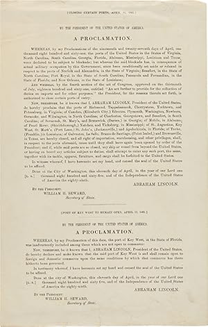 [RARE FIRST PRINTING OF TWO OF PRESIDENT ABRAHAM LINCOLN'S FINAL THREE PRESIDENTIAL PROCLAMATIONS]