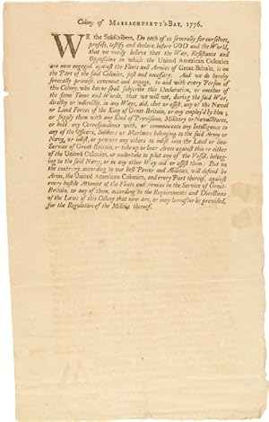 COLONY OF MASSACHUSETT'S-BAY, 1776. WE THE SUBSCRIBERS, DO EACH OF US SEVERALLY FOR OURSELVES, PR...