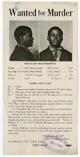 [PHOTOGRAPHIC WANTED POSTER FOR AN AFRICAN-AMERICAN MURDER SUSPECT IN TOLEDO, OHIO IN 1913]