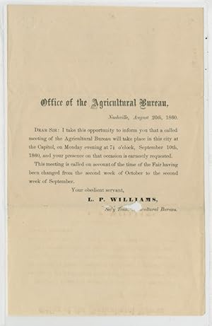 OFFICE OF THE AGRICULTURAL BUREAU, NASHVILLE, AUGUST 20th, 1860