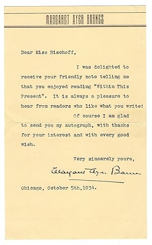 Typed letter signed ("Margaret Ayer Barnes"), Chicago, 5 October 1934