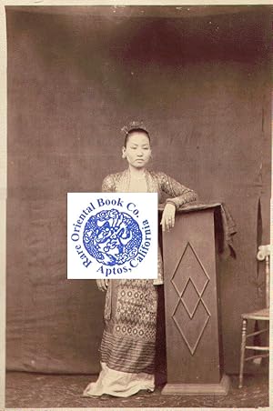 BURMA: Sepia Tone Albumen Photograph of a Burmese Woman Who Leans on a Pulpit.