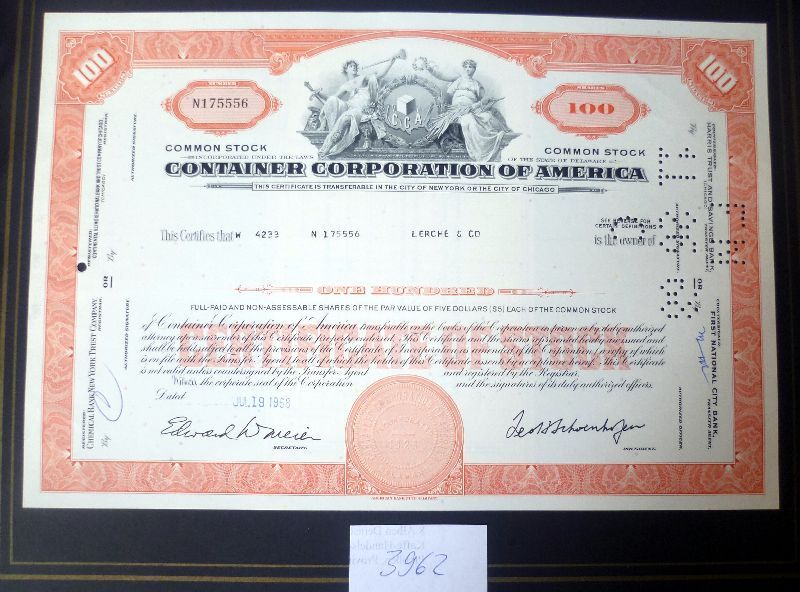 Container Corporation Of America 100 Shares 19 07 1968 Von Corporation Of America 100 Shares