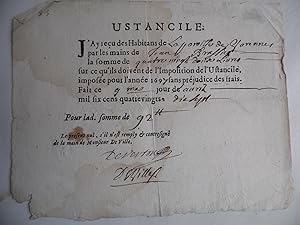 RECU MANUSCRIT POUR IMPOSITION DE L'USTANCILE Daté du 9 avril 1697 Imposition d'Avril 1697 par le...