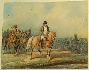 L'EMPEREUR NAPOLEON A CHEVAL SUR LE CHAMP DE BATAILLE. AQUARELLE SIGNEE 1835