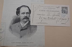 CARTE TELEGRAMME DE JULES MASSENET A PHILIPPE GILLE CRITIQUE MUSICAL AU FIGARO