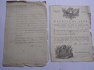 LETTRE ET PASSEPORT SIGNES PAR LE MARECHAL DE SAXE ADRESSES A M. DE ROHAN PRINCE DE ROCHEFORT A P...