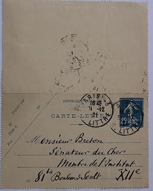 CARTE LETTRE AUTOGRAPHE SIGNEE D'EDOUARD BRANLY A JULES LOUIS BRETON SENATEUR DU CHER MEMBRE DE L...