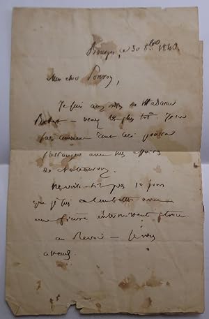 LETTRE AUTOGRAPHE A PONROY Avocat à ISSOUDUN. 30 octobre 1843