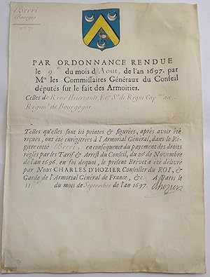 BREVET D'ARMOIRIES de RENE HEURTAULT Sr de REGNI Cap.ne au Régiment de Bourgogne (Seigneur de BOI...