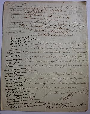 LETTRE SIGNEE DE CHAPTAL A PROPOS DES ACCAPAREURS DE BEURRE DANS LE PAS DE CALAIS. 1802