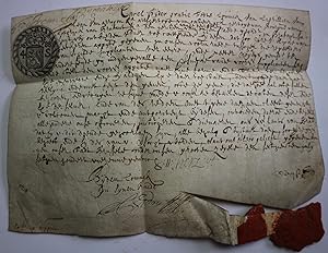 MANUSCRIT PARCHEMIN TIMBRE de BRUXELLES EN BRABANT BELGIQUE EN LANGUE FLAMANDE AVEC CACHET DE CIR...