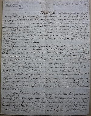LETTRE AUTOGRAPHE SIGNEE DE MIRABEAU DU 27 AVRIL 1760 Relative à ses Théories sur le Fermage et à...