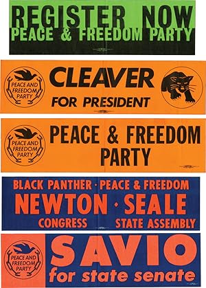 Collection of 5 original Black Panther / Peace and Freedom Party oversize bumper stickers