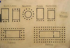 Säulen in Tempeln, Architektonische Studien der Säulenanordnung, gezeichnet um 1900. Tusche/ Pins...