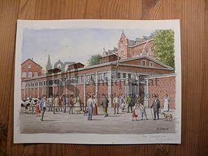 Aachen - Schlachthaus am Lindenplatz Aquarell mit reicher Figurenstaffage.