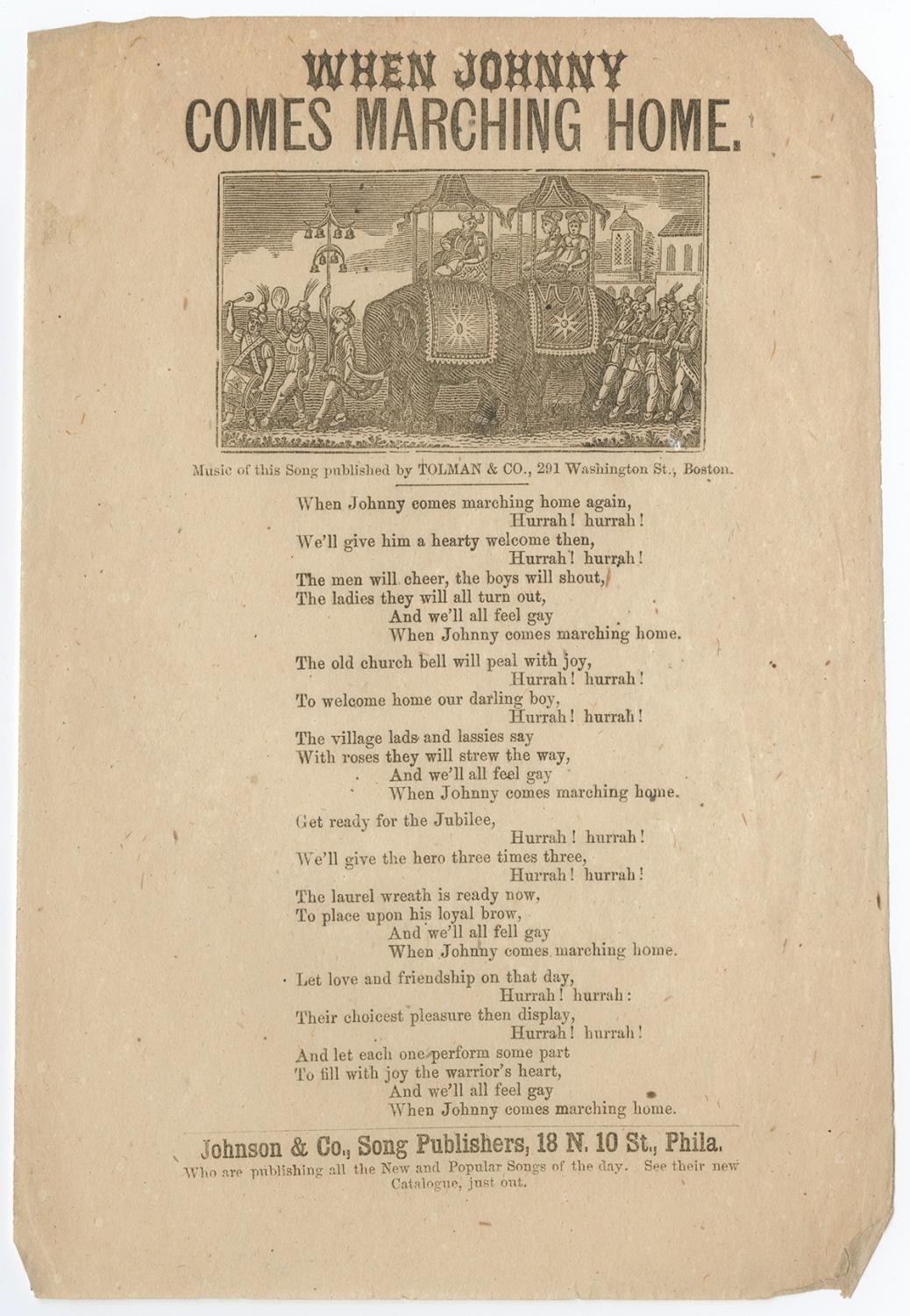 Civil War Song Sheet When Johnny Comes Marching Home by PATRICK GILMORE Philadelphia No