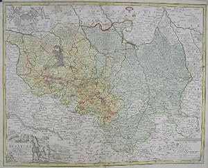 Lusatiae Superioris Tabula Chorographica: Landkarte. Links unten Titelkartusche, oben rechts Wapp...