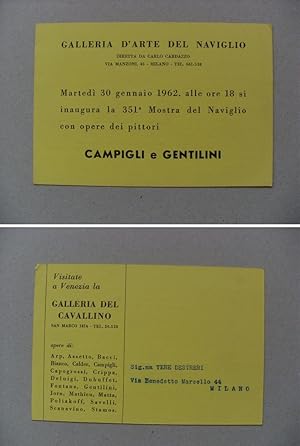 Cartolina/invito Mostra CAMPIGLI e GENTILINI. Galleria d´Arte del Naviglio di Carlo Cardazzo 1962