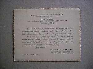 Invito "Partito Nazionale Fascista - Festeggiamenti 1°autunnale Basso VERBANO. Fiera Esposizione"...