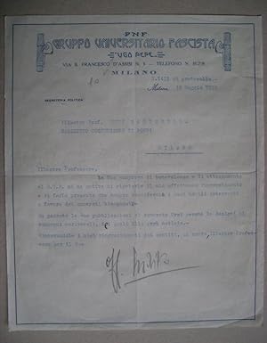 Invio su carta intestata "PNF Gruppo Universitario Fascista - Ugo Pepe MILANO" 1930 VIII