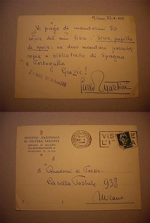 Cartolina "Istituto Nazionale di Cultura Fascista" spedita e firmata da CARLO MARTINI (scrittore,...