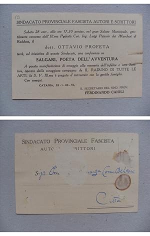 Cartolina invito conferenza di OTTAVIO PROFETA su SALGARI (Sindacato Provinciale Fascista Autori ...