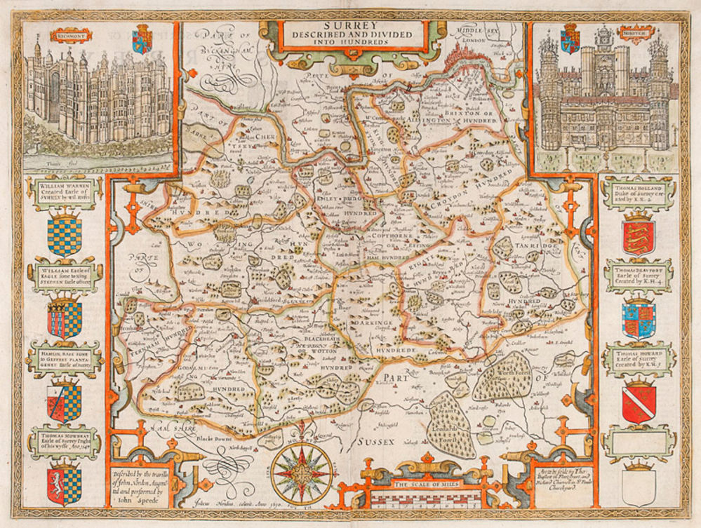 Old Antique Collectable Tudor map of Surrey England John Speed 1600/'s Reprint