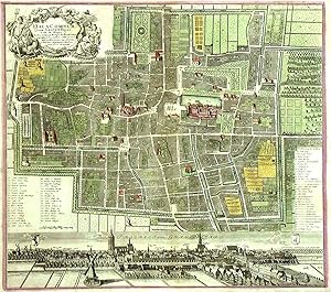 Stadtplan, darunter Gesamtansicht (10 x 57 cm.). "Haga Comitum, ( Germ. Graven-Haag. Gall. la Hay...