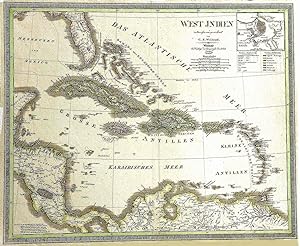Kupferstich- Karte, n. Weiland b. Geo. Institut Weimar, "West Indien. .".