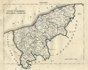 Lithografie- Karte, aus Schliebens Atlas von Europa, "Prov. Pommern. Reg. Bez. 3. Köslin".