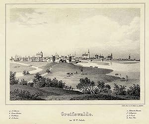 Gesamtansicht, unter der Ansicht Erklärungen von a - h, "Greifswalde im 16. Jahrh.".