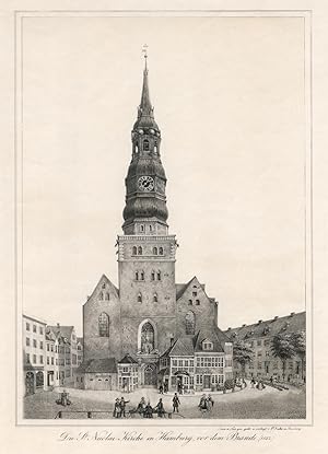 Teilansicht, Nicolai Kirche, "Die St. Nicolai Kirche in Hamburg vor dem Brand (1842)".