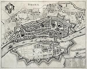 Gesamtansicht aus der Vogelschau, oben links Wappen, rechts unten Erklärungen, "Brema".