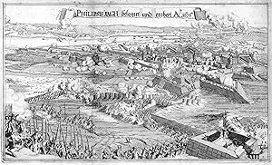 Gesamtansicht, i. Vgr. Soldaten, "Philipsburgh belagert und erobert A 1676".