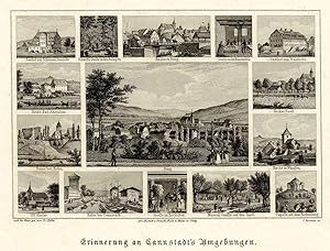 Souvenirblatt, Gesamtansicht umgeben von 14 Teilansichten, "Erinnerung an Cannstadt's Umgebungen".