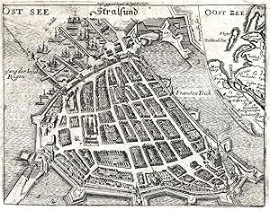 Gesamtansicht aus halber Vogelschau, "Stralsund", rechts oben kleine Insetkarte mit der Westseite...