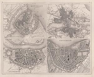 4 Stadtpläne auf 1 Blatt. ( je 10 x 12,4 cm. ) Oben Kopenhagen und Stockhilm, darunter Antwerpen ...