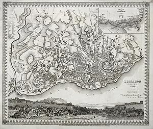 Stadtplan, darunter schöne panoramaartige Gesamtansicht, "Lissabon (Lisboa) 1844".