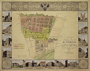 Stadtplan, umgeben von 14 Detailansichten, "K.K. Polizey=Bezirk St. Ulrich bestehend aus den Vors...