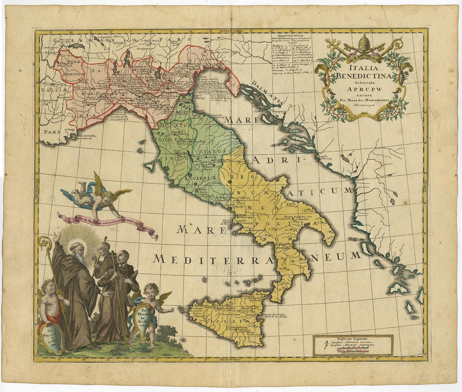 Antique Map Italy Sicily Monastery Benedictine Monks Homann Heirs