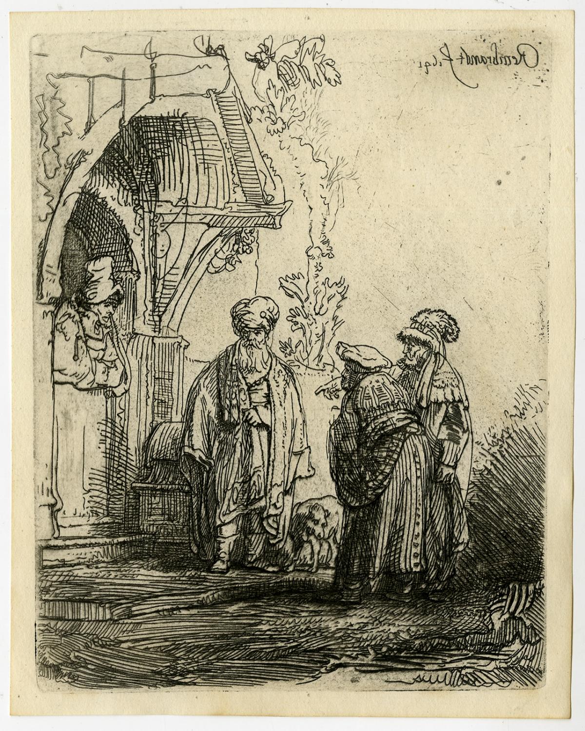 1641 - Antique Master Print, untitled. Three oriental figures at a door. Authentic, but later impression printed by Basan in Paris around ...