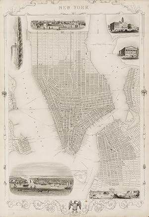 New York - Large map and city plan with a most wonderful engraving of New York, viewed from Willi...