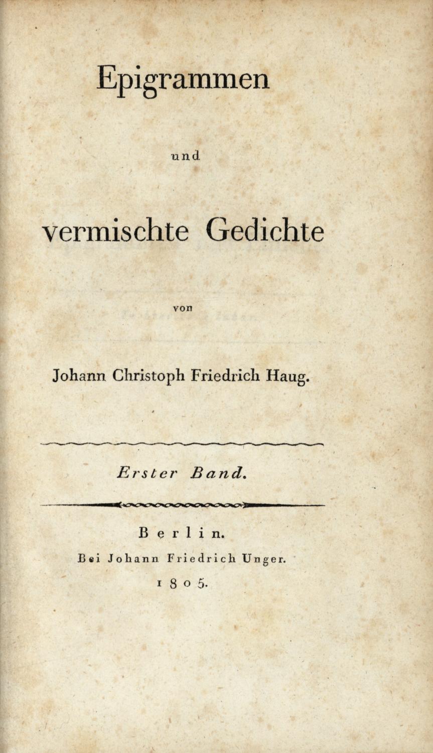 Epigrammen und vermischte Gedichte Erster Zweyter Haug Johann Christoph