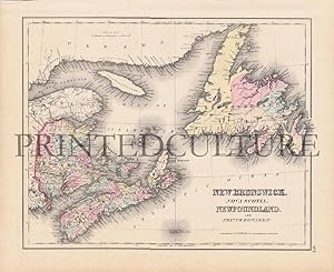 Map Of New Brunswick, Nova Scotia, New Foundland and Prince Edward Island, Original Antique Handc...