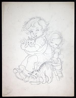 Junge Mädchen Katzen Katze streicheln Tilly von Baumgarten Original Zeichnung