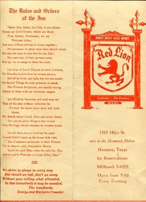 Red Lion Restaurant Pub Menu, Circa Early 1960s, Houston, Texas